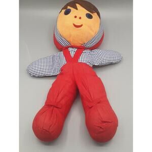 Vintage Cloth Soft RagDoll Boy Plaid Red Jumper Handmade Felt Hair Eyes Nose 15"